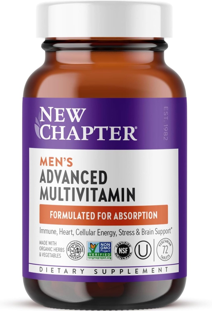 New Chapter Men's Multivitamin Advanced Formula for Stress, Brain, Immune, Heart & Energy Support, High Levels of Whole-Food Fermented Essentials for Men + Selenium + B ויטמינים, 72 ct