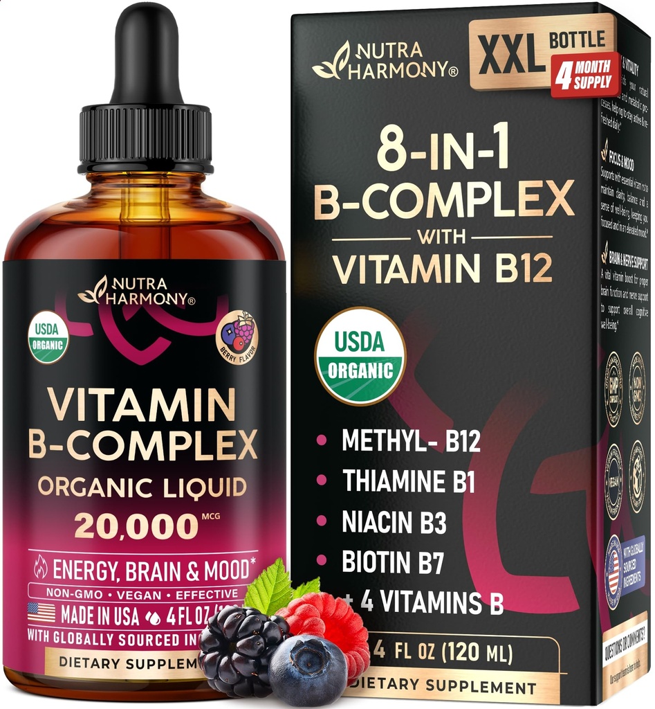 USDA אורגני ויטמין B-Complex B5 Pantothenic Acid | B12 Methyylobalamin | B1 Thiamine | B6 Pyridoxine | B7 Biotin | B9 Folic | B3 Niacinamide - B Complex Drops, Made in USA Supplement, 4fl oz ozozozozozozozozoxine | B7 Biotin | B9 Folic | B9