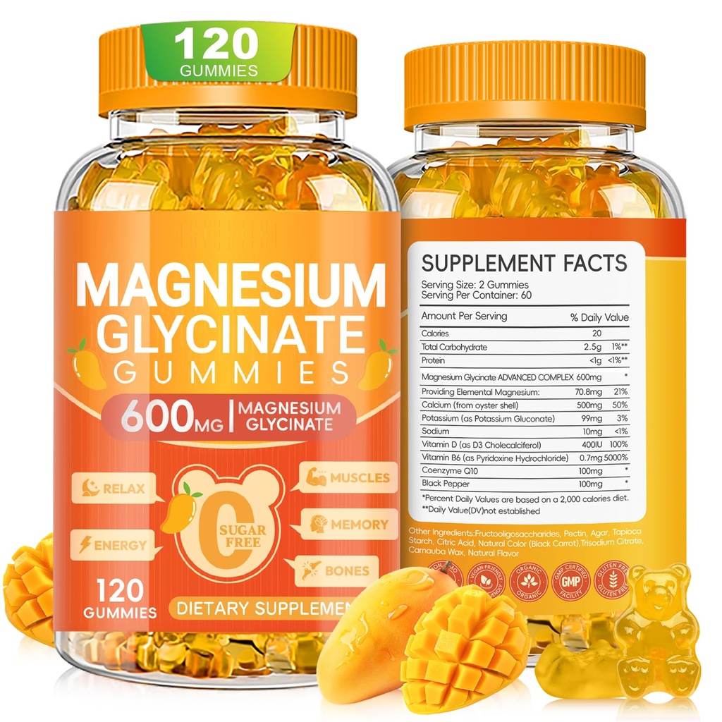 Magnesium Glycinate Gummies 600mg, Chewable Sugar חינם Potassium Magnesium חניכיים עם Magnesium Glycinate, ויטמין D, B6 ו CoQ10 לשינה, להירגע, המוח והשרירים, 120 ספירה