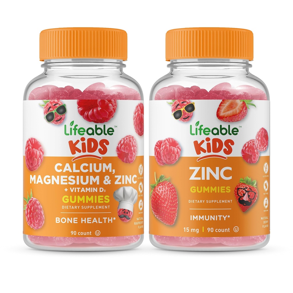 Lifeable Calcium Magnesium & Zinc Kids + Zinc Kids, Gummies Bundle - גדול Tasting, ויטמין תוסף, Gluten Free, GMO חינם, Chewable Gummy