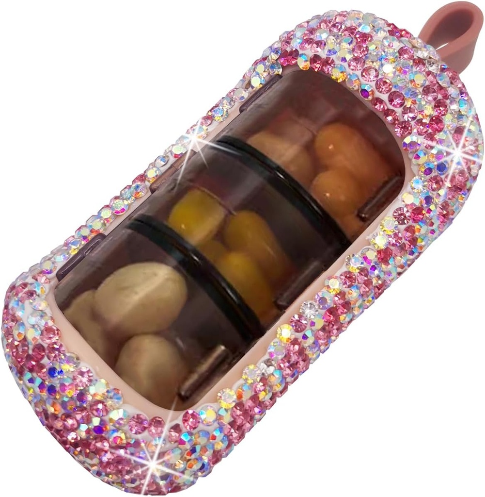 Bling Pill מארגנת - וקומפקטי גלולת גלולה עבור Purse - Stylish Pill Case with Sparkling Design - Travel-Friendly Medicine Holder -Slide in/Out Design PillPSKer (Pink)