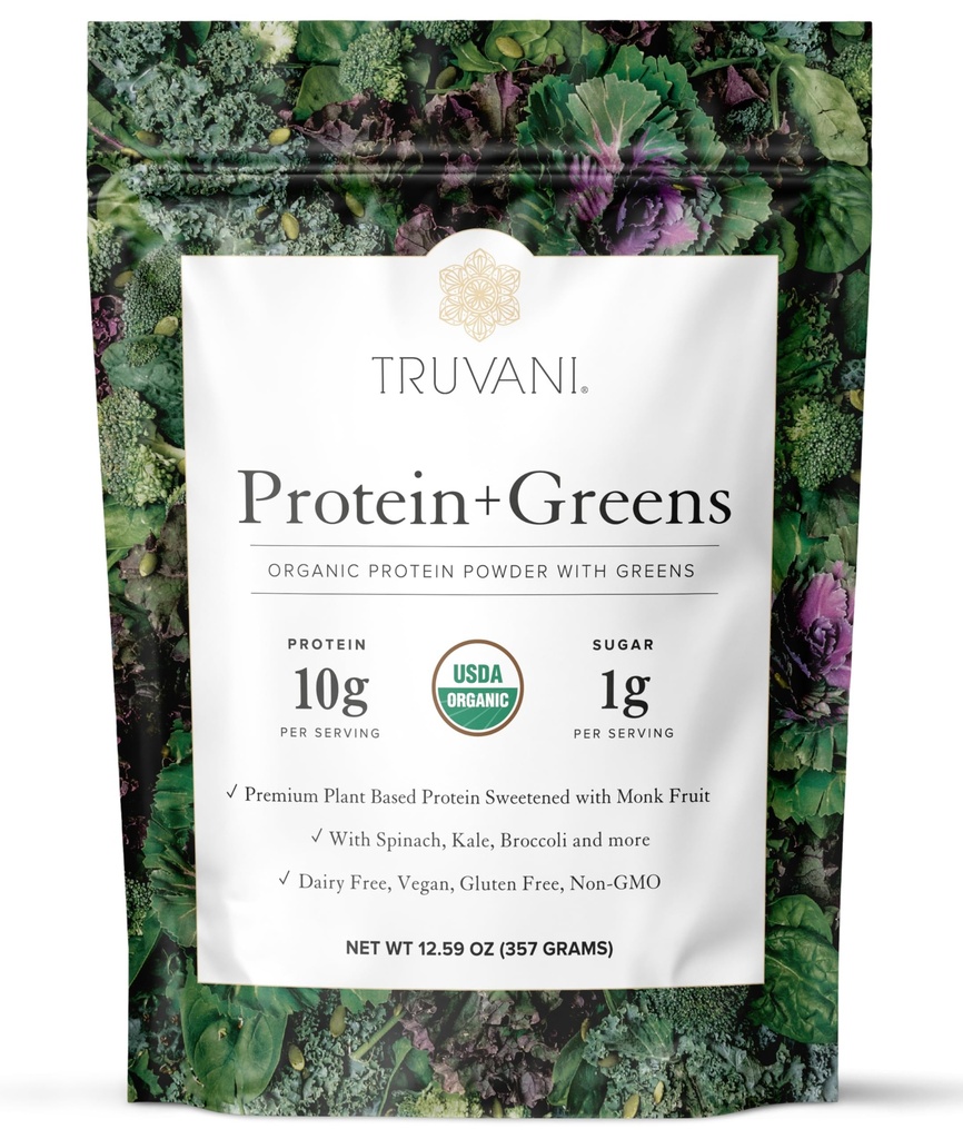 חלבון Truvani + Greens תוסף | Spinach, Kale & Broccoli | 10g אורגני צמחי מבוסס חלבון | 20 משרתים | USDA אורגני | Gluten & Milk Free | לא תוספת סוכר