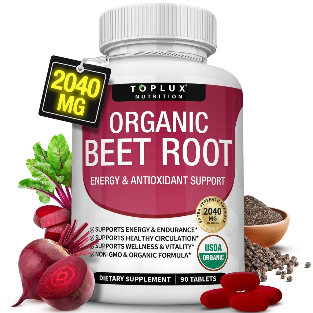 פוליקת שורש אורגני - 2040 מ"ג טבעי Nitric Oxide Beets כדי לתמוך, אנרגיה, שחור פפר טוב יותר Absorption, Non-GMO, עבור גברים, 90 טבליות