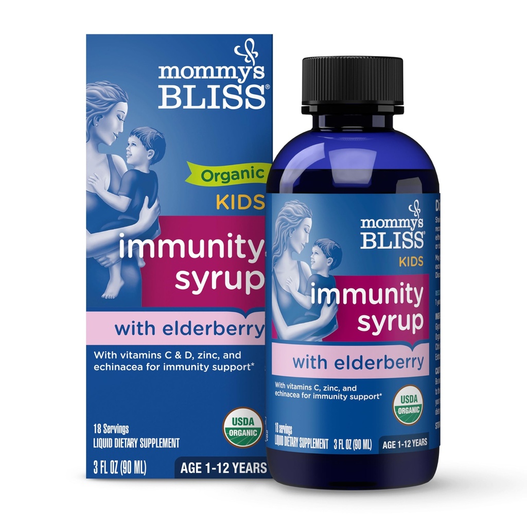 אמא's Bliss Organic Elderberry Syrup & Immunity Boost עם ויטמינים, Prebiotics & Echinacea לילדים ומבוגרים 1 yr+, 3 Fl Oz