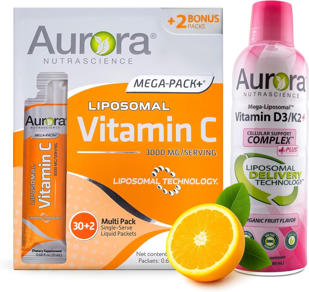 אורורה Nutrascience Mega Liposomal ויטמין C 32 Pack + ויטמין D3/K2 בקבוק בונדלה - תוספת לתמיכה חיסונית ובריאות קוגניטיבית - 32 משרתות כל אחד