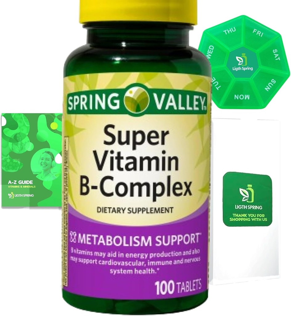 Super ויטמין B-Complex 100 Tablet Dietary תוסף Bundle בלעדי Better Ligth & Spring Guide + Weekly Pill לארגן (3 פריטים)
