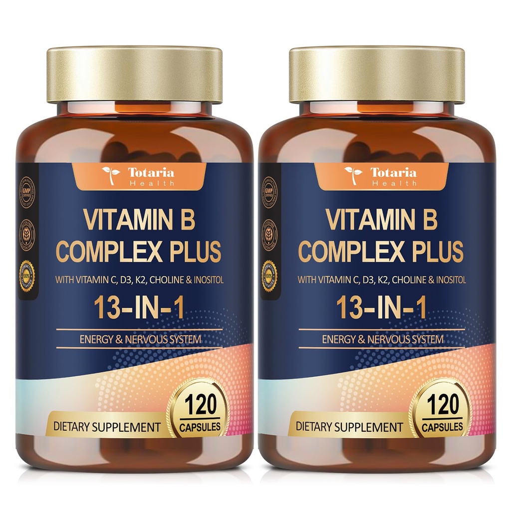 13-in-1 ויטמין B Complex Plus עם ויטמין B1, B2, B3 (Niacin), B4, B5, B7 (Biotin), B8 (Inositol), B9 (Folate), B12, C, D3, K2 לאנרגיה, Nerve, Immune, Skin - 120s לבק - 2 בקבוקים