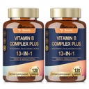 13-in-1 ויטמין B Complex Plus עם ויטמין B1, B2, B3 (Niacin), B4, B5, B7 (Biotin), B8 (Inositol), B9 (Folate), B12, C, D3, K2 לאנרגיה, Nerve, Immune, Skin - 120s לבק - 2 בקבוקים