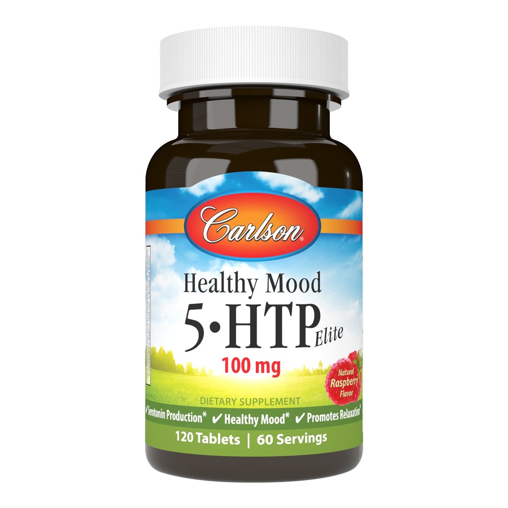 קרלסון - בריא Mood 5HTP Elite, 100 מ"ג, הפקה סרוטונין, בריא Mood & מקדם הירגעות, פטל טבעי פלאמור, 120 טבליות
