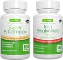 Super B-Complex & High Absorption Iron Bisglycinate 20 מ"ג עם ויטמין C, טבעוני Bundle, Methylated Sustained לשחרר B Complex & Gentle One-a-Day Iron עם שחרור ממוקד, על ידי Igennuss