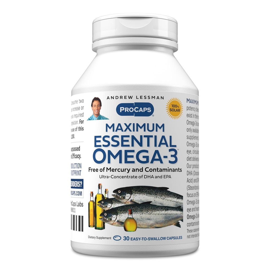 ANDREW LESSMAN Maximum Essential Omega-3 Unflavored, 30 Softgels - Ultra-Pure Omega-3 Fish Oil 1200 mg-High DHA, No Mercury Supplement-Small, Easy to Swallow Fish Oil Capsules