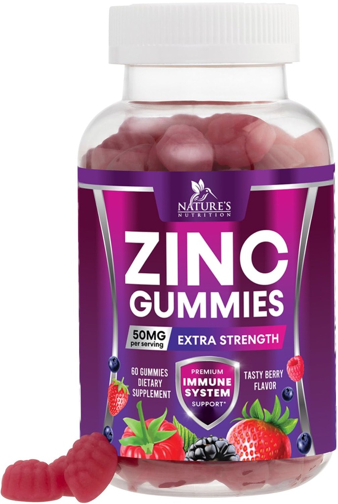 Znc Gummies 50 מ"ג - עצם Skin & Immune תמיכה חניכיים & Premium Antioxidant Chewable למבוגרים - גבוה Absorption טבעוני, Gluten Free Zincs ויטמין - Tasty ברי פלאמור - 60 מסטיקנים
