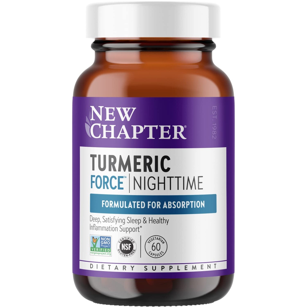 New Chapter Turmeric תוסף + Sleep Aid - Turmeric Force Nighttime for Sleep Support with Valan Root + ג'ינג'ר + No Black Pepper Needed + Non-GMO Ingredients - 60 קפסולת צמחונית