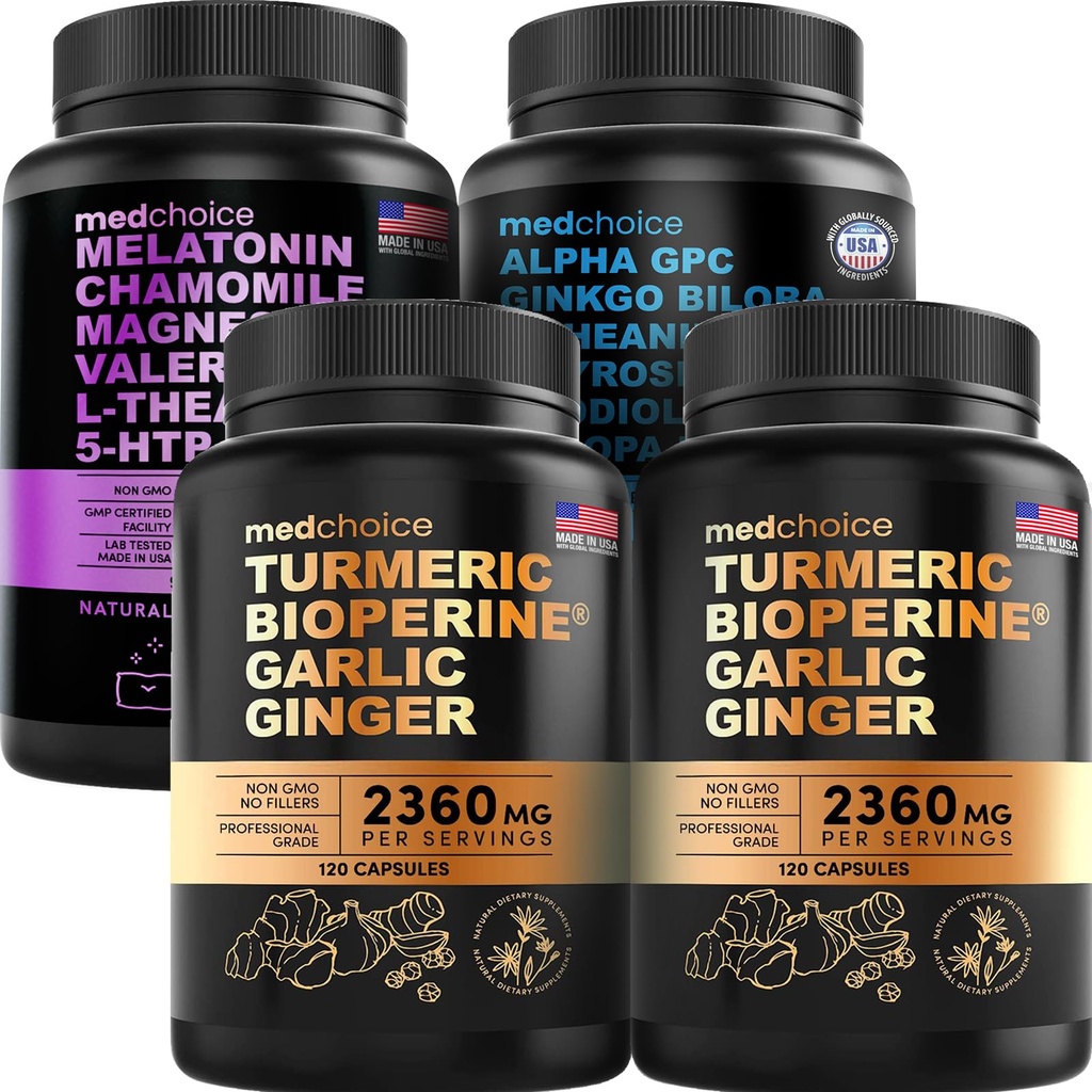 MEDCHOICE Turmeric & ג'ינג'ר (240ct), Sleep Melatonin (90ct), ו- Nootropic Brain (60ct) תוסף Bundle - "הטבעה למוח, שינה ותמיכה במזל" - טבעוני, לא-GMO, Gluten-FreeFree Gluten-Free-Free Gluten-Free-Free Gluten-Free-Free Glutens for Brain, Sleep