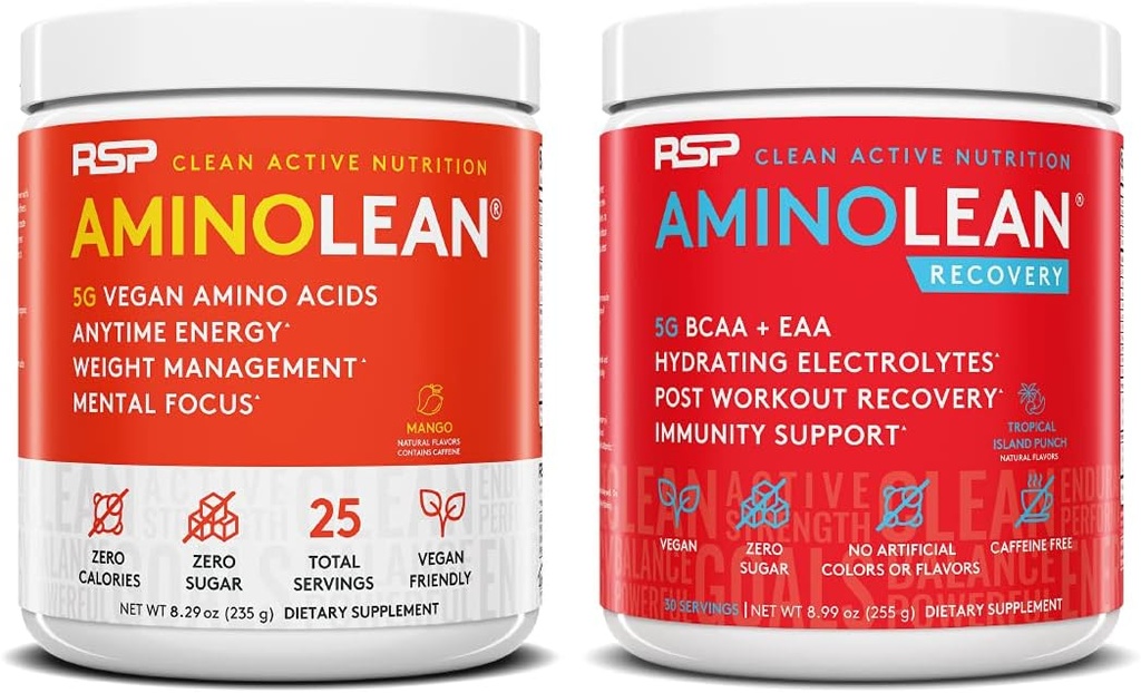 RSP NUTRITION Vegan AminoLean Pre Workout Energy (Mango 25 משרתות) עם AminoLean Recovery Post Workout Boost (Tropical Island Punch 30 משרתים)