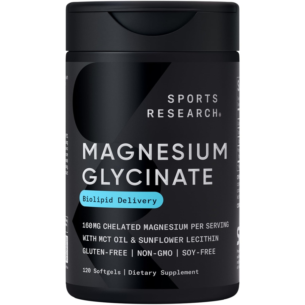 מחקר ספורט ® Magnesium Glycinate - Suports Restful Sleep & Enzymatic Processes - 160 מ"ג Chelated Magnesium - נוזל Softgel - 120 Count