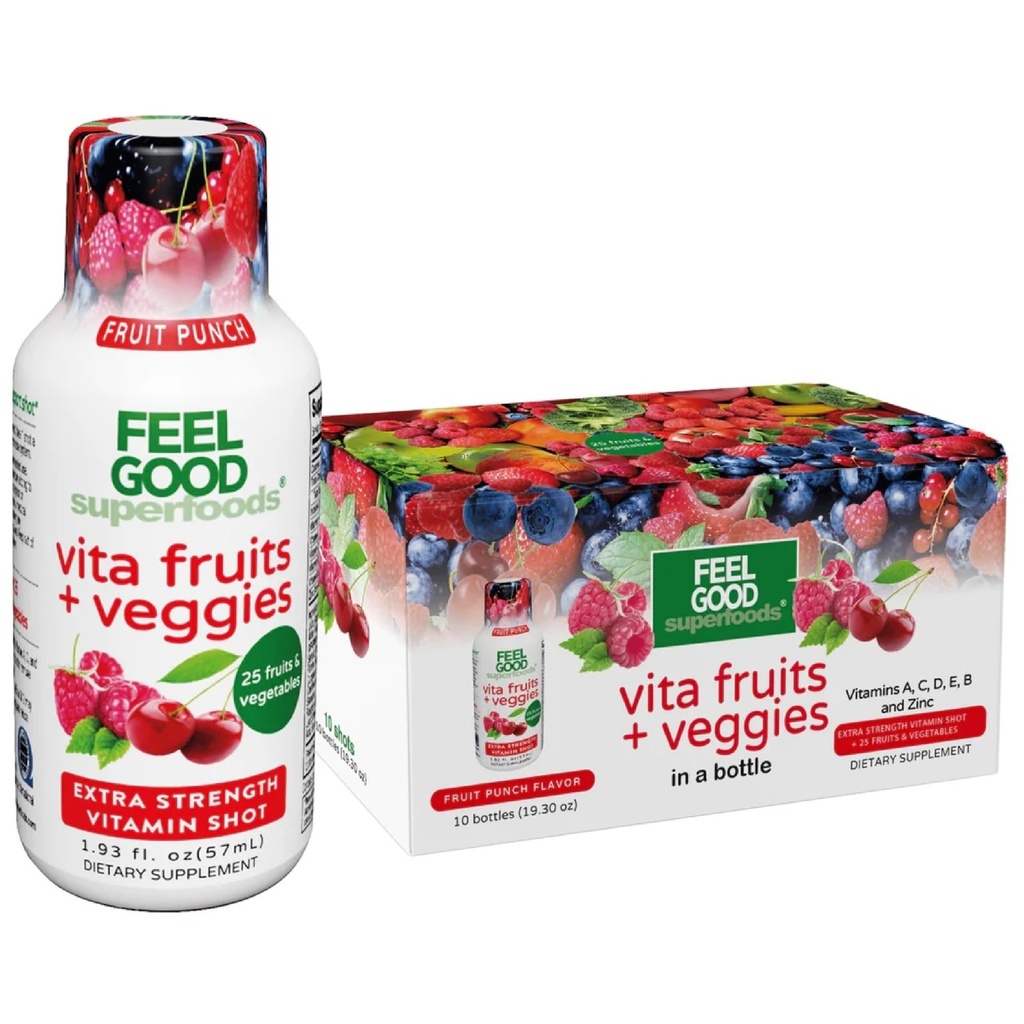 להרגיש טוב Superfoods Vita פירות & Veggies Immune Support Shot תוספים, פירות Punch Flavor, Pack של 10 יריות תחמושת, Immune System Booster לשתות עם 25 ירקות ופירות אורגניים