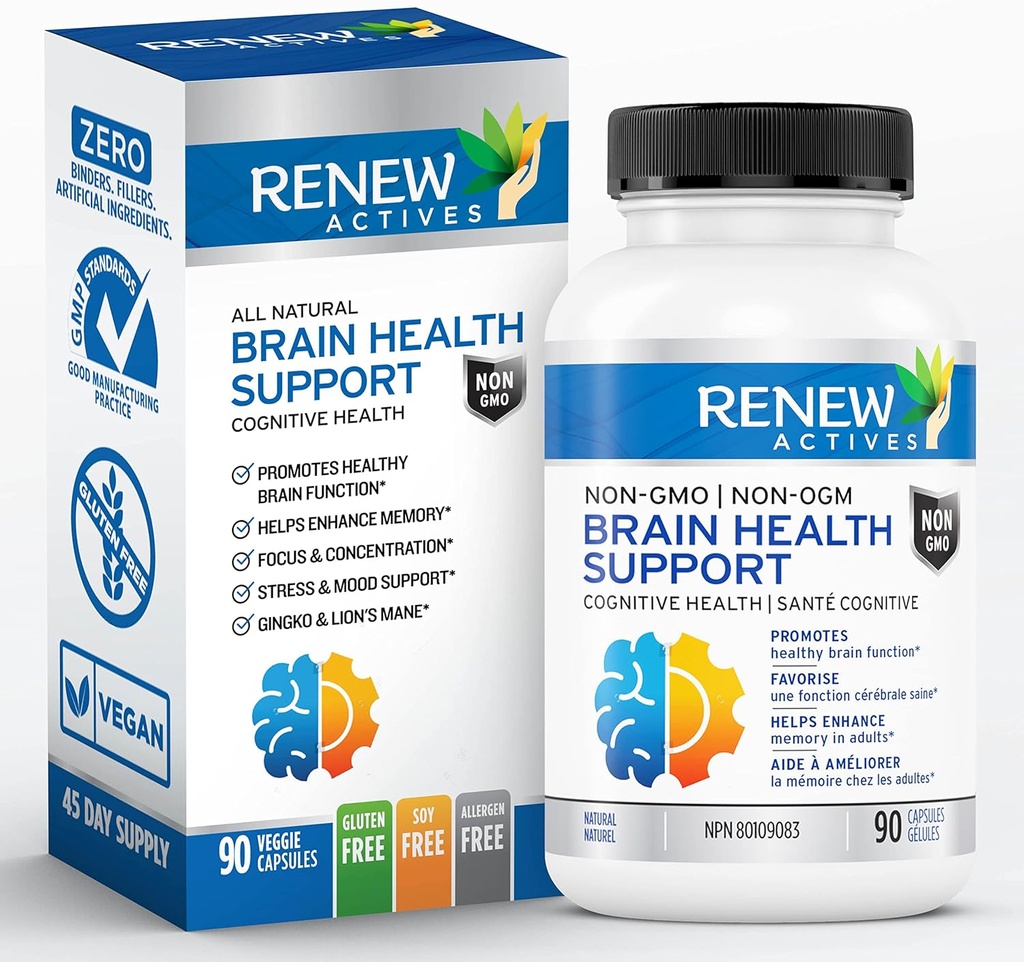 Renew Actives Brain Health Support - Bacopa 300MG, גינקו 100MG, Lion's Mane 200MG ל 2 קפסולות - תמיכה בבריאות קוגניטיבית, זיכרון משופר, מקדם מיקוד ומרד - מיוצר בקנדה - 90 קפסולות