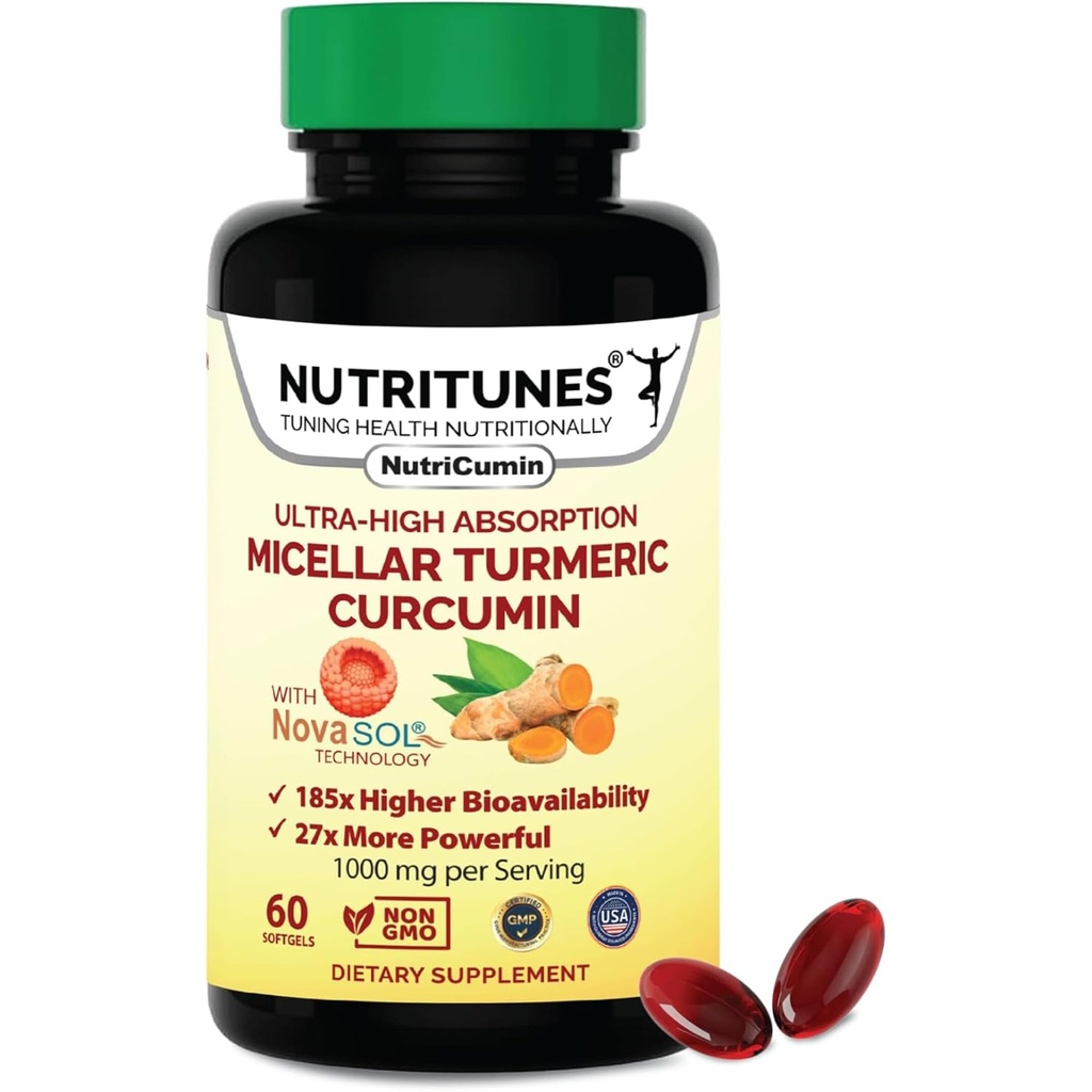 תוסף Turmeric Curcumin 1000 מ"ג לתמיכה משותפת 185x Bioavailable & High Absorption עם נובהSOL טכנולוגיה - 60 NutriCumin Softgels