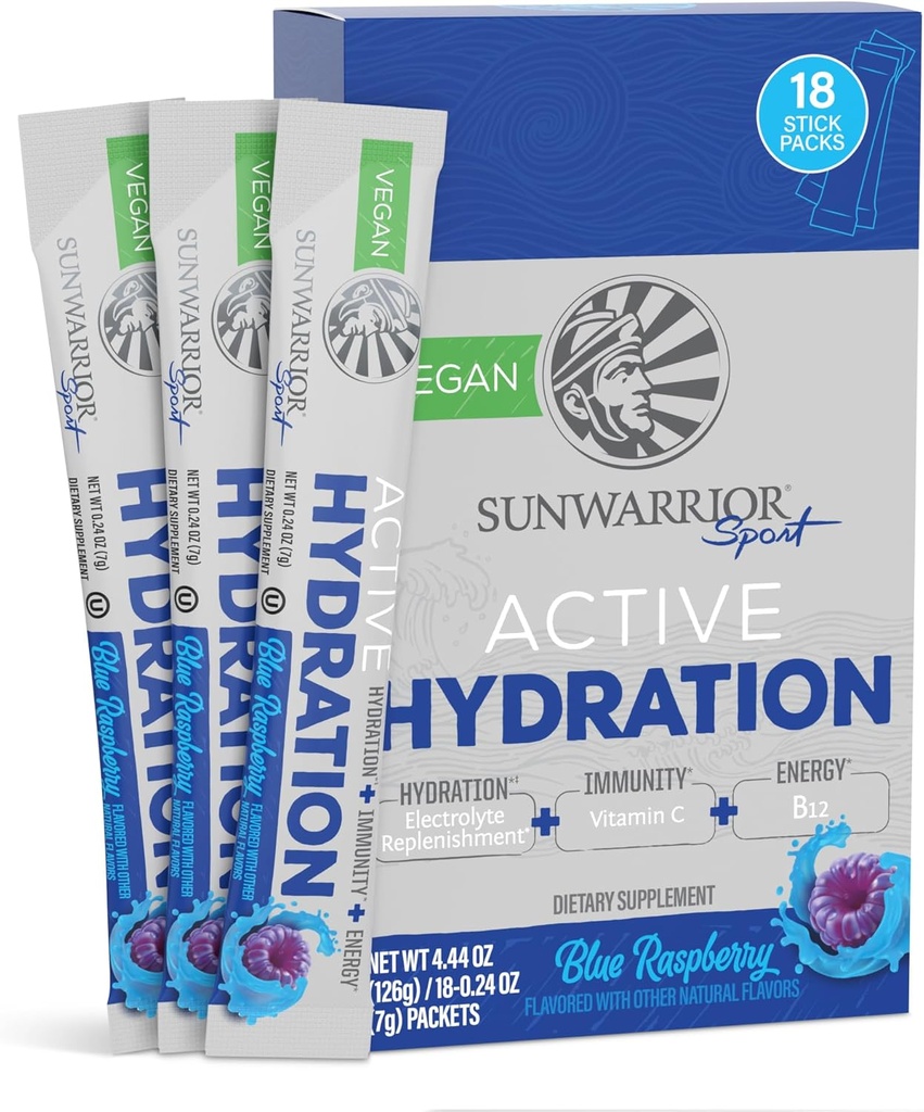 אבקת Sunwarrior hydrotion אבקת Electrolyte Packets אבקת B12 Elderberry | Blue Raspberry Flavored 18 Stick Packs 126g Pouch | טבעוני וצמח מבוסס סוכר חינם