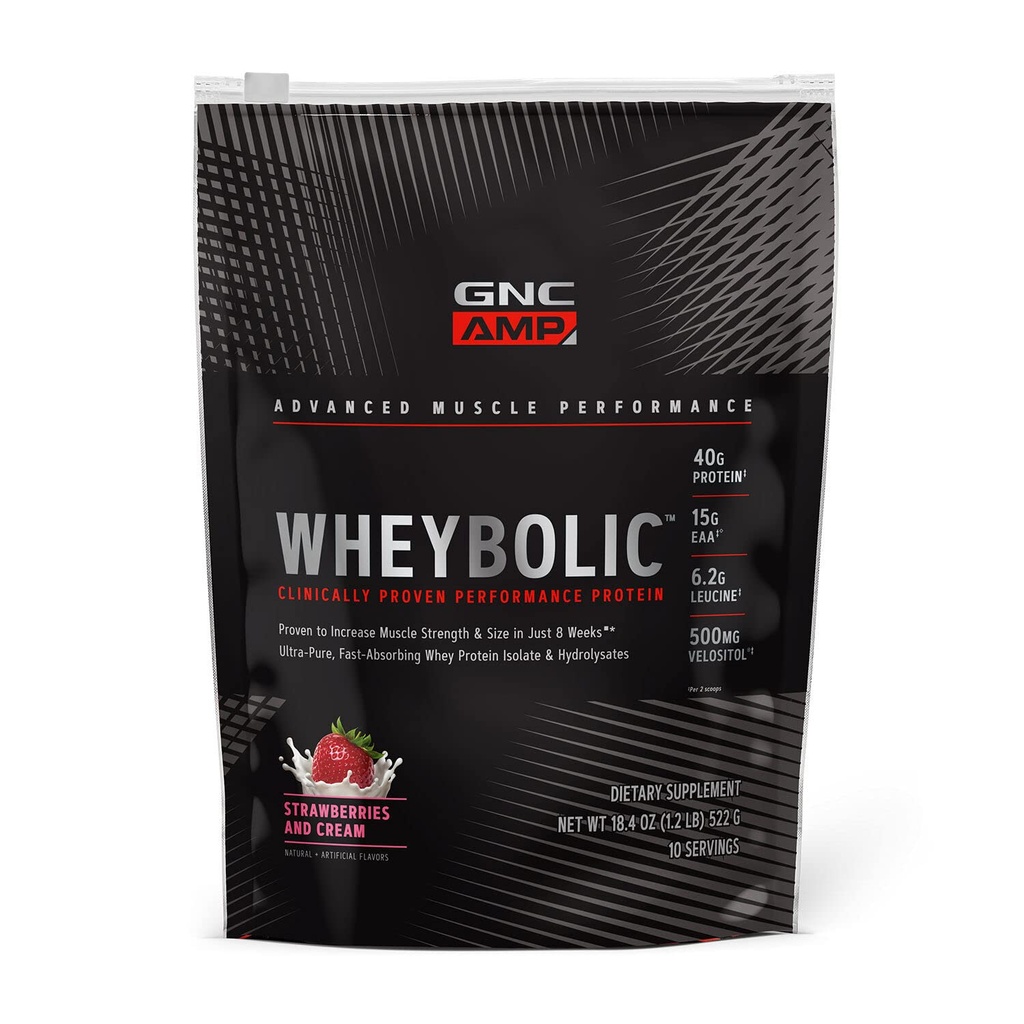 GNC AMP Wheybolic קלינית אבקה חלבון פרובנס, 40g Whey חלבון, BCAA, Leucine, מגביר את כוח השרירים, בניית שרירים, 3rd Party Tested, Gluten Free, Strawberries ו Cream, 10 משרתים, 10 לשרתים, 10 לשרתים, 10 לשרתים.