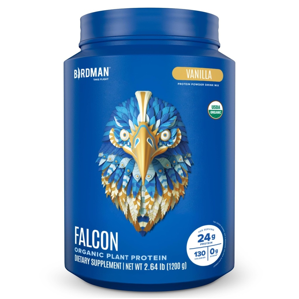 ה-BIRDMAN פלקון אבקת חלבון טבעונית אורגנית, Stevia & Sugar חינם, חלבון מבוסס צמחי, נמוך פחמימות, חלב חינם, Keto, non Whey חלבונים, פרוביוטיקה, פי חלבון; Vanilla Flavor - 37 משרתים - 2.64lb