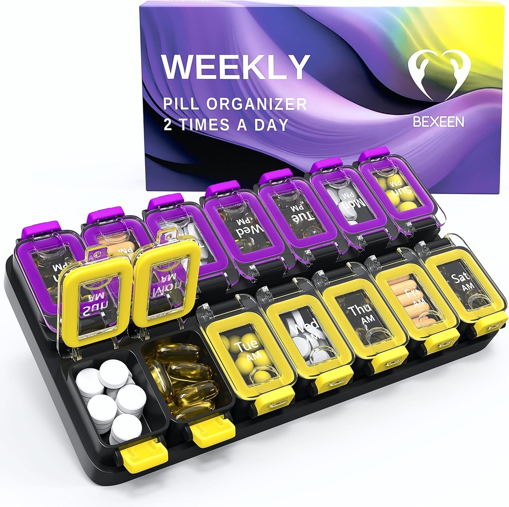 עוד מארגנת גלולות שבועיות גדולות 2 פעמים A Day - Airtight Pill Box 7 Day - Am Pm ויטמין Case - תרופה המכילה שבועיים תוספת תרופות לשמור פעמיים Med XL צהוב / Purple