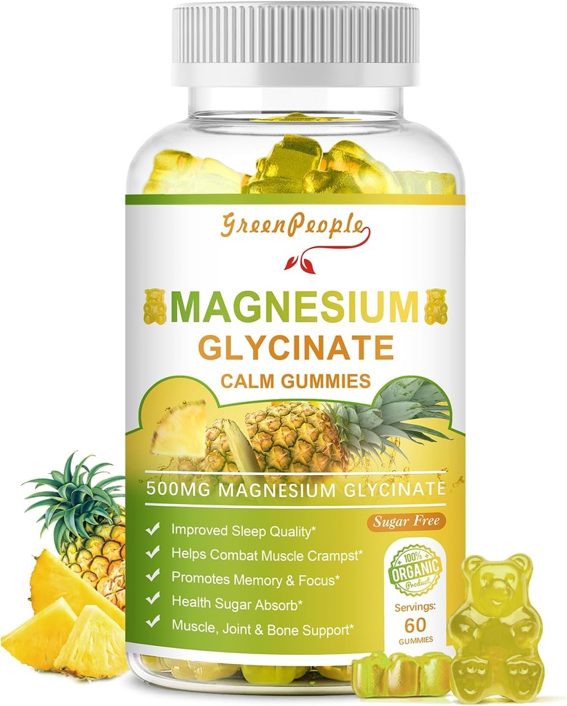 GREENPEOPLE Magnesium Glycinate חניכיים עם Citrate 1000 מ"ג, Turate & Matale - סוכר חינם - Magnesium Potassium תוסף עם ויטמין D, K2 עבור Calm Mood & Zzz תמיכה - 60 Pineapple Gummies
