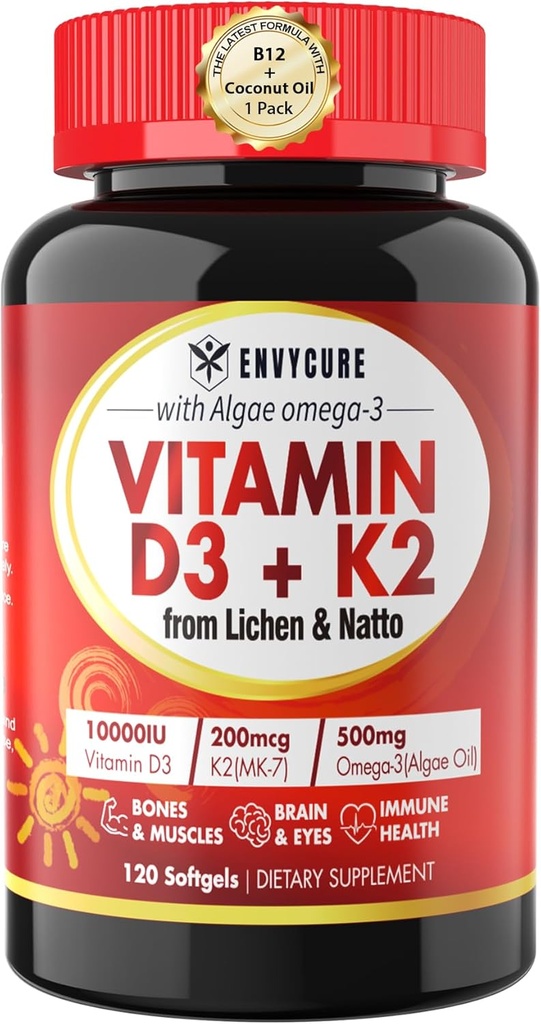 ויטמין D3 K2 Softgel - Vit D3 10000 Iu + ויטמין K2 Mk7 200 Mcg, Algae אומגה 3, Magnesium, ויטמין B12 עבור העצם ושרירים, תמיכה Immune, Max Absorption, Easy to Swallow 1pack