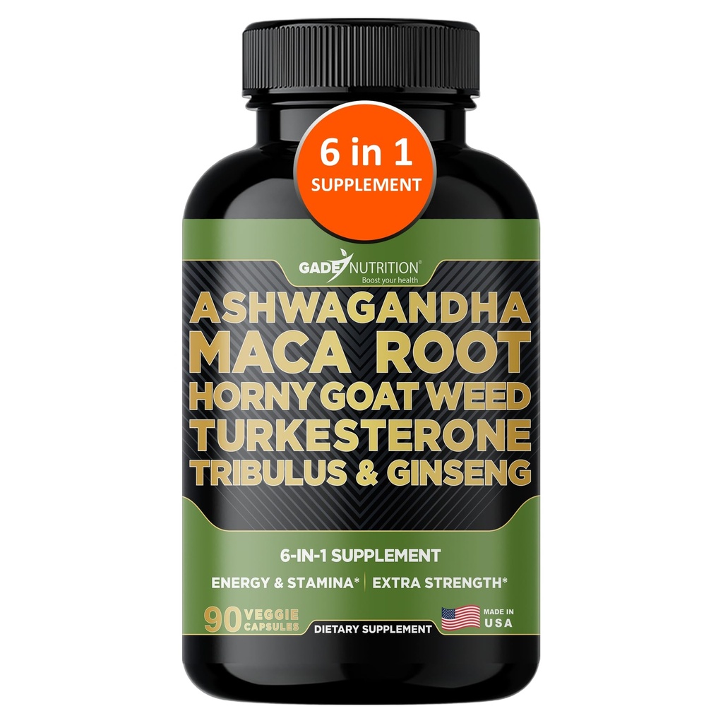 Gade Nutrition Ashwagandha עם Maca Root, Horyt Goat Weed, Turkesterone תוסף, Tribulus Terrestris, Panax גינזנג | 90 קפסולות ירקות לאנרגיה, סטמינה, ביצועים.