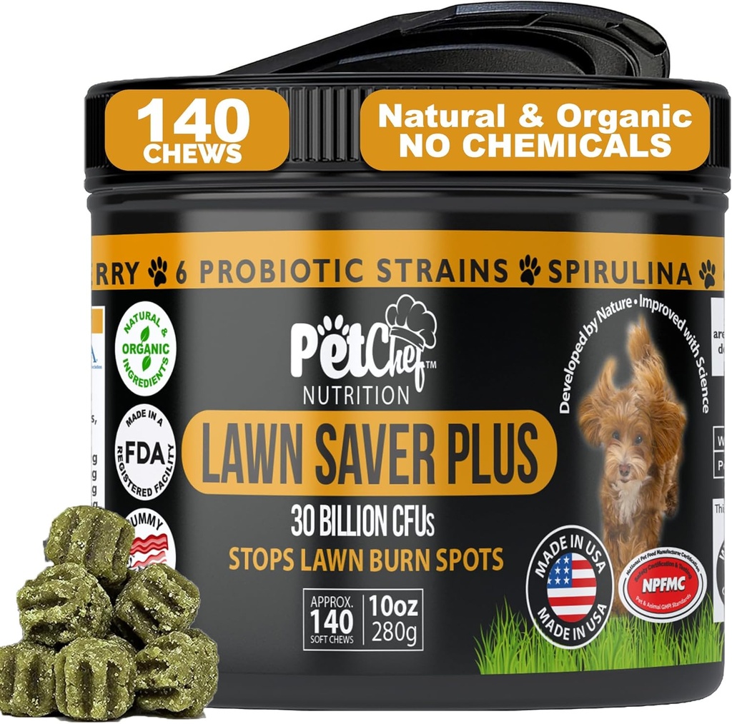 Pet Chef Lawn Saver, Soft Chew, טבעוני בייקון! Canine Urine Yard Burner בנה את יארד, מגן על נזקי צמחים ועוזרים לגדול בחזרה יארדים. מניעת נזקי יארד פי
