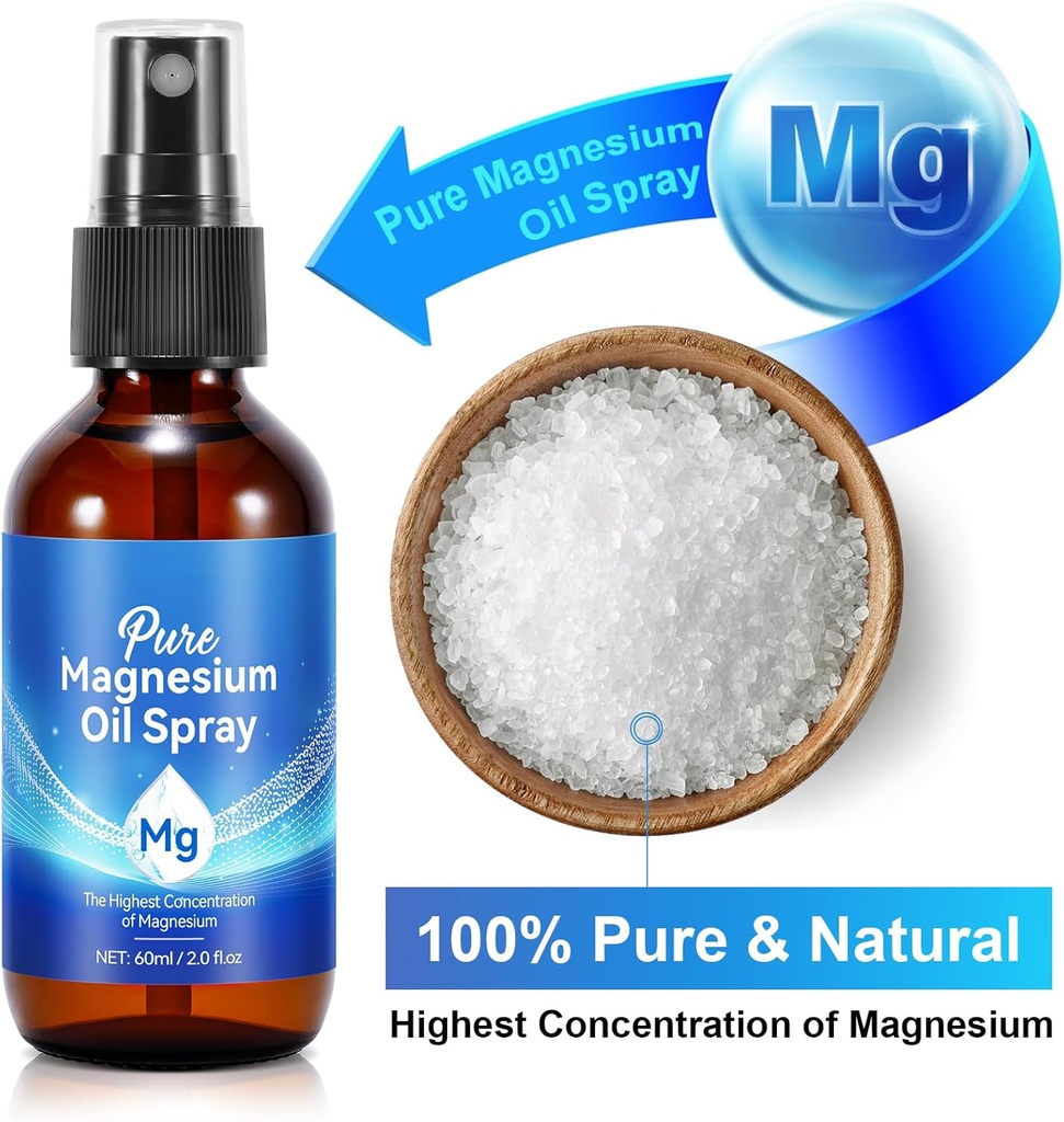 Magnesium Spray, 100% שמן מגנזיום טהור ואורגני לרגליים בבקבוק זכוכית, קל Absorb & Use