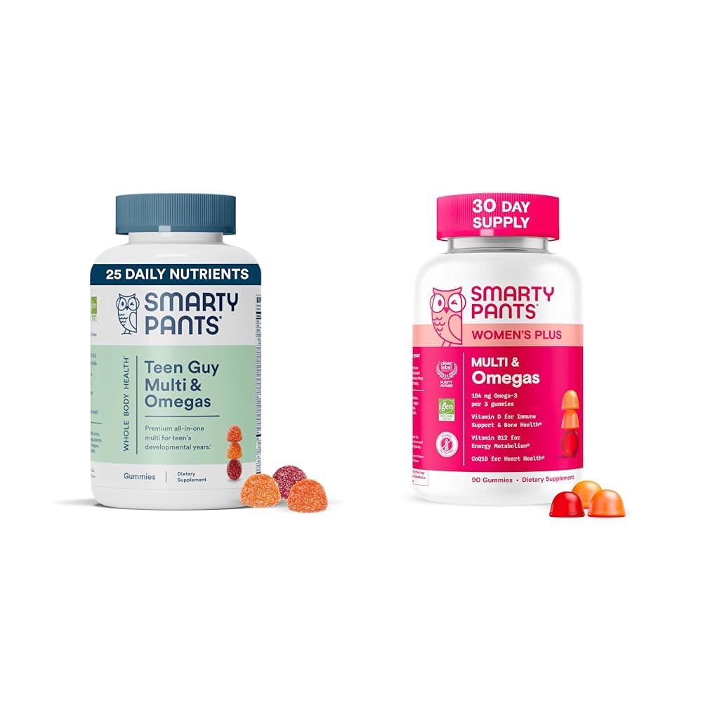 SmartyPants Women's and Teen Guy Multivitamin Gummies Bundle: אומגה 3 (DHA/EPA), Methylfolate, CoQ10, ויטמין D3, C, ויטמין B12, B6, ויטמין A, K & Zinc, Gluten חינם (30 יום אספקה)
