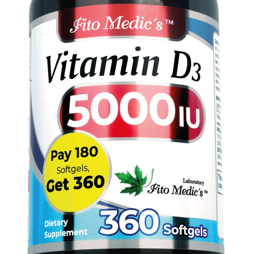 המעבדה של FITO MEDIC - ויטמין D - 5000 IU של - ויטמין D3-360 Softgels - ויטמין D3 5000 iu - עבור העצם, שיניים, שריר ותמיכה בריאות החיסון, Ultra High Absorption, ויטמין D3.