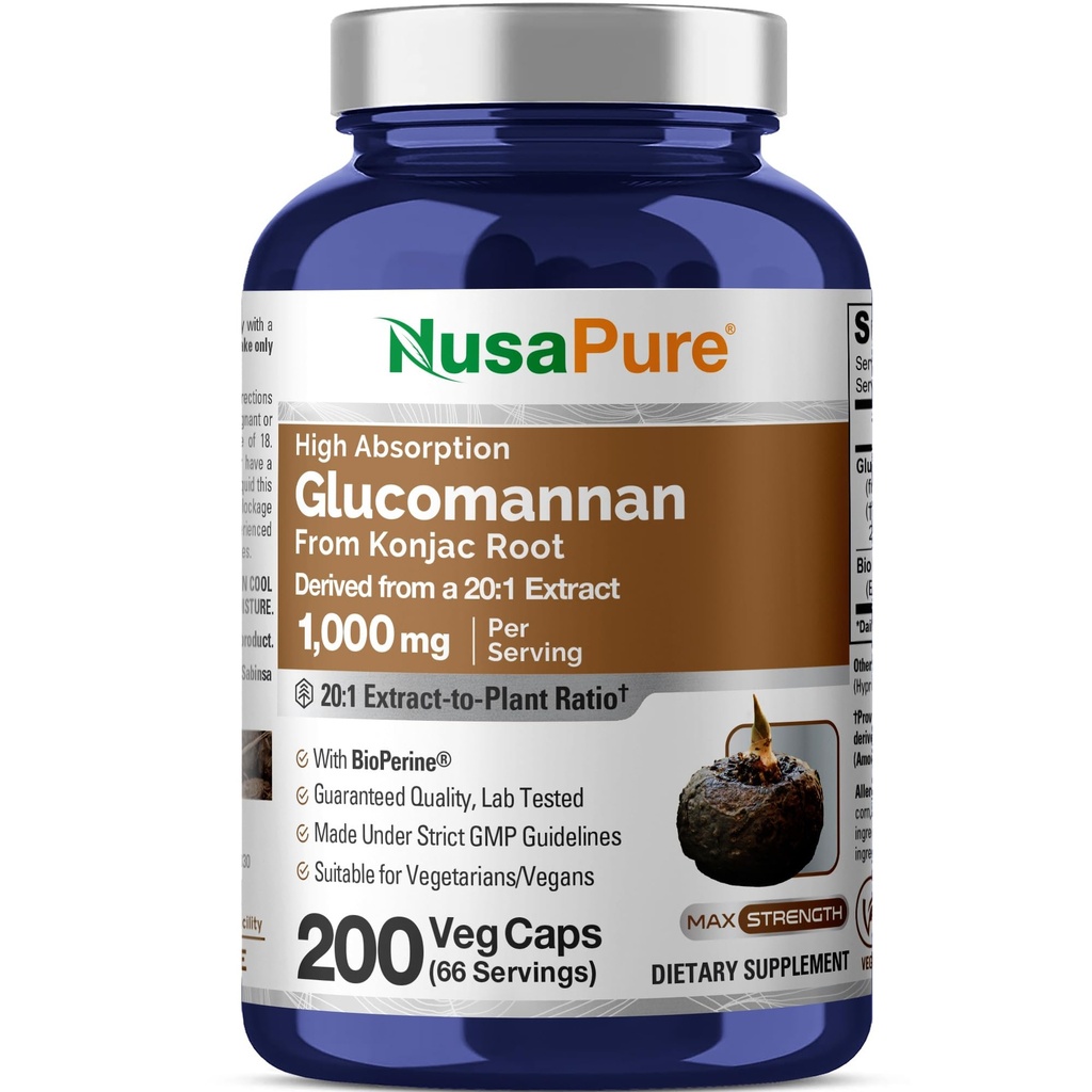 NusaPure Glucomannan 1000 מ"ג לשרת 200 Veg Caps (BioPerine, non-GMO, טבעוני) קונג'אק Root