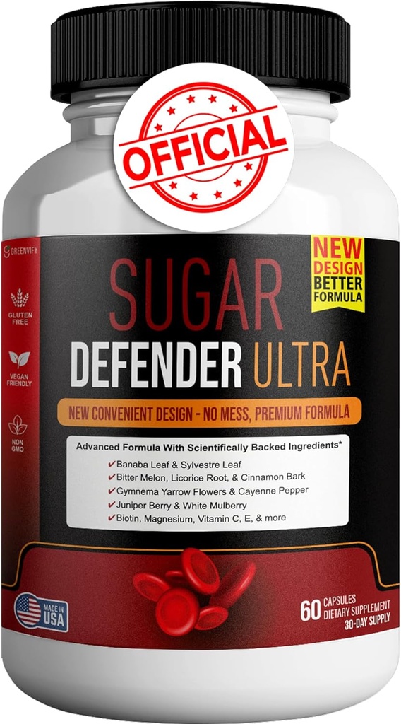 סוכר Defender Ultra - מתקדם פורמולה עם ויטמינים, מינרלים, Banaba Leaf ועוד - 60 קפסולות, טבעוני, non-GMO, Gluten-Free (1)
