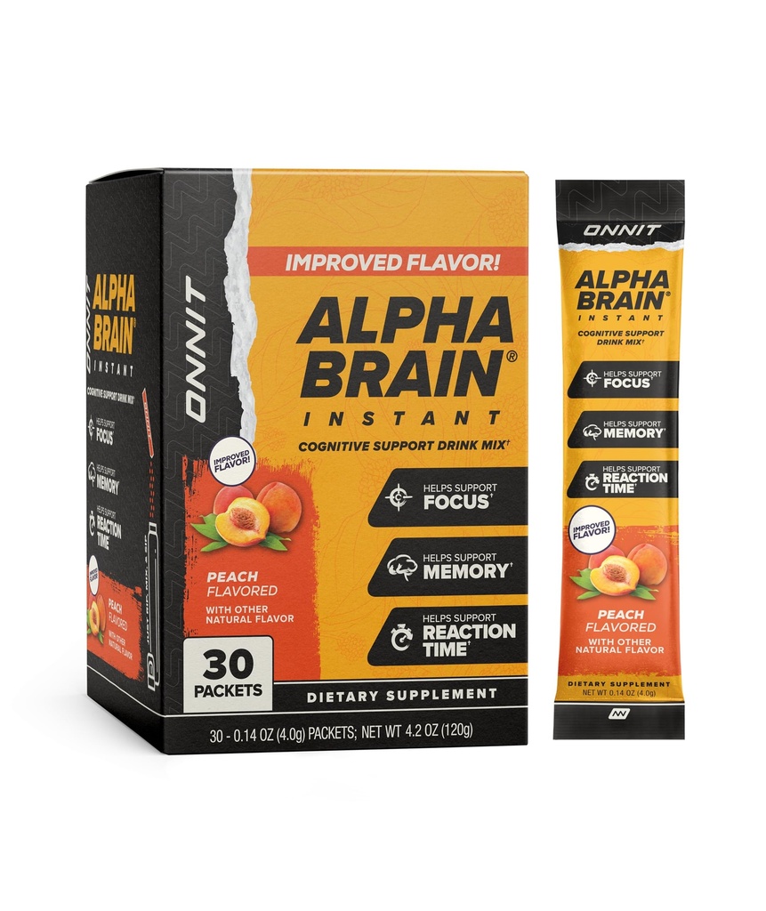 OnNIT Alpha Brain Instant Peach Flavor - Nootropic Brain Booster Memory Supplement - for Focus, Energy & Clarity - Alpha GPC Choline, Cats Claw, L-theanine, Bacopa - 30ct