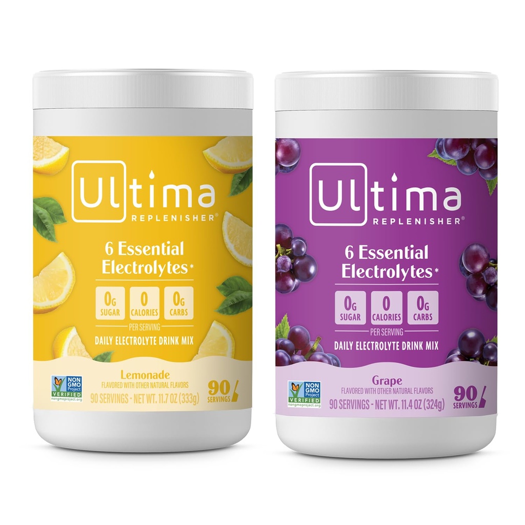 Ultima Replenisher Electrolyte אבקת לשתות Mix Bundle - סוכר חינם - Lemonade ו Grape, 90 משרתים - אבקת הידרה - 6 אלקטרוליטים מפתח ו- Trace מינרלים - Keto Friendly, non-GMO