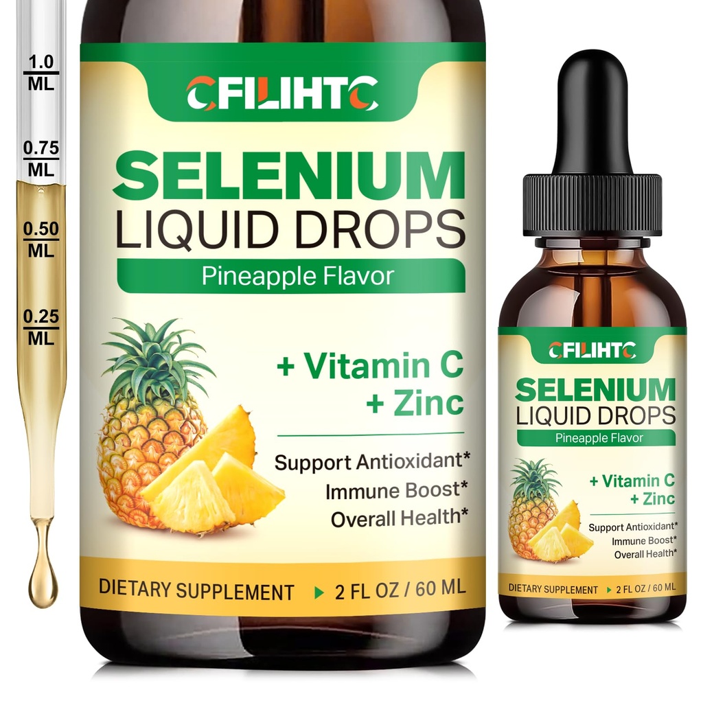 Selenium נוזל טיפות, 200mcg נוזל סלניום תוספת עם ויטמין C & Zinc, תמיכה מערכת החיסון, Antioxidant & Heart Health, High Absorption, Pineapple Flavor, 2 Fl Oz