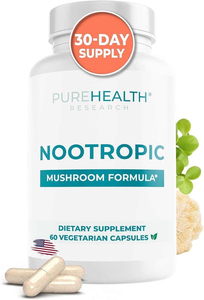 Nootropics Brain Memory and Focus תוסף - Lions Mane, Shiitake, Chaga, Reishi Mushrooms אבקת - שיפור בריאות קוגניטיבית עם Bacopa Monnieri ו Gingko בילובה לחלץ, 60 קפסולות