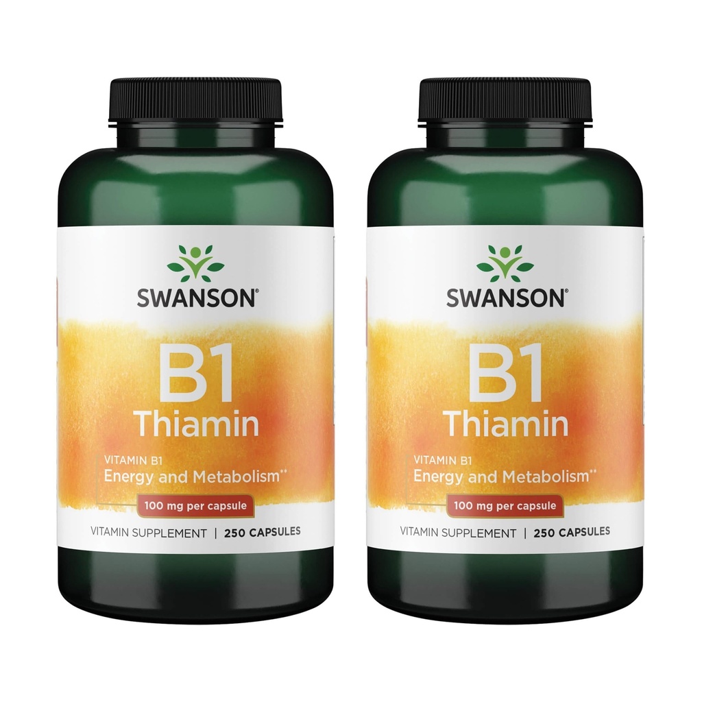 ויטמין ברונסון B1 (Thiamin) - מקדם מטבוליזם בריא ומספק תמיכה באנרגיה - תוסף ויטמין טבעי תומך אופטימוסם עצבי תפקוד - (250 קפסולות, 100 מ"ג כל) (2 Pack)