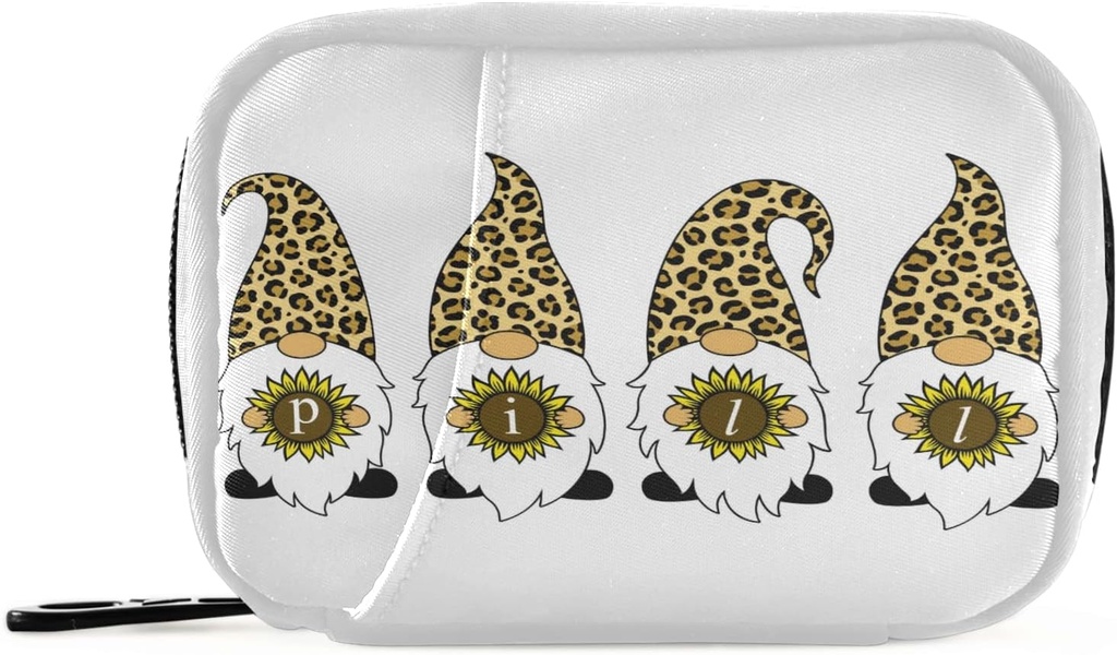 Leopard Gnomes Sunflower Pill Box 7 Day Pill Travel Pill מארגנת Bag עם Zipper Portable Weekly Case Size קומפקטי עבור תוסף ויטמינים