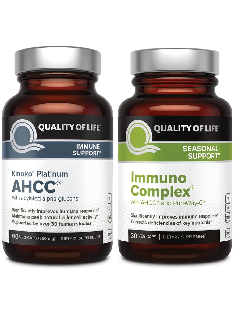 איכות החיים AHCC Kinoko פלטינום Mushroom ו- Immuno Complex עם ויטמין C - תמיכה כספית האולטימטיבית בונדל