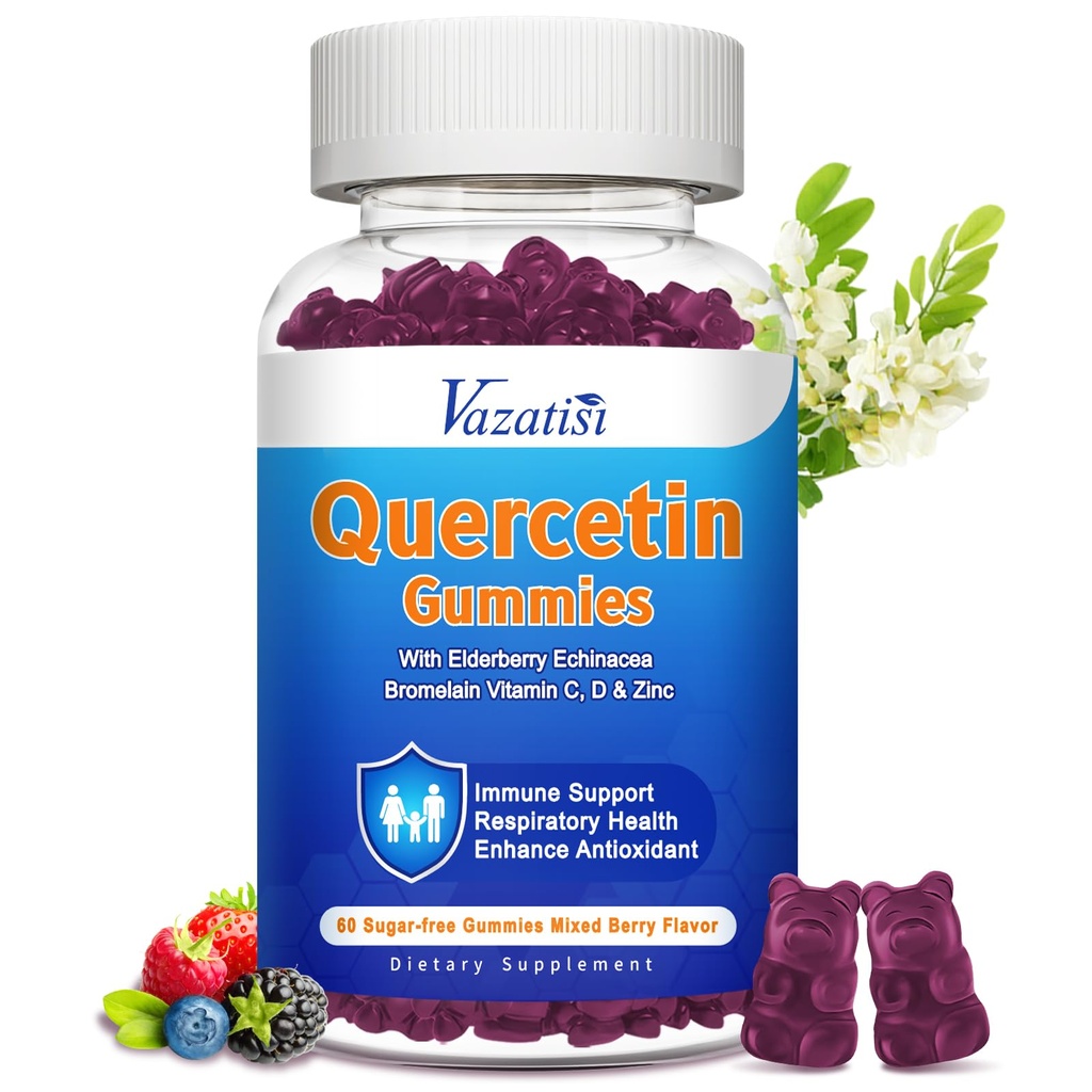 Quercetin with Bromelain Gummies, Quercetin 1200MG עם ויטמין C Zinc & Elderberry עבור Immune System & Allergy, Chewable & Vegan Gummies, 60 Cts
