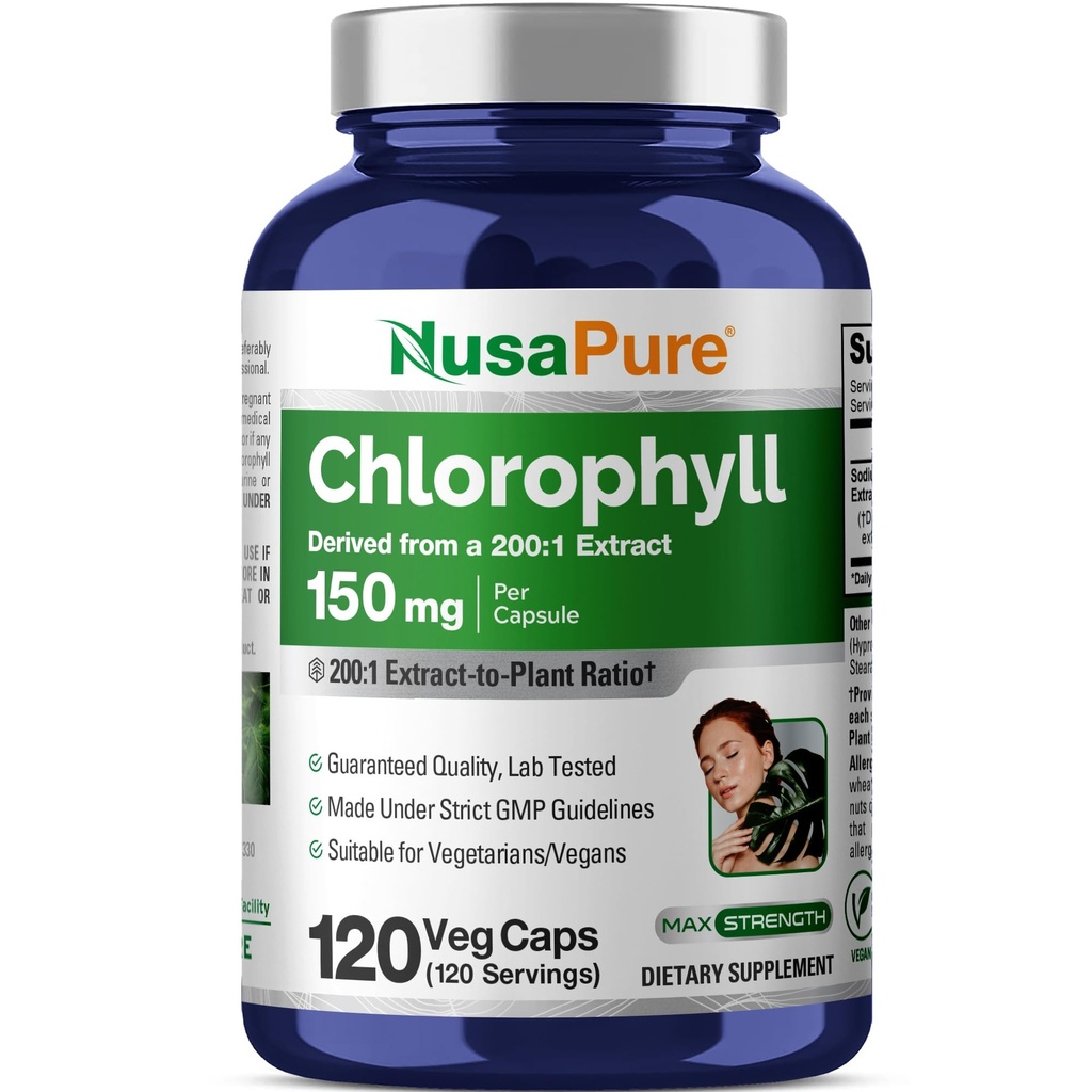 NusaPure Chlorophyll 200:1 לחלץ, 150 מ"ג שווה ל 30,000 מ"ג לקפסולה 120 Vegetarian Caps (Non-GMO, טבעוני)