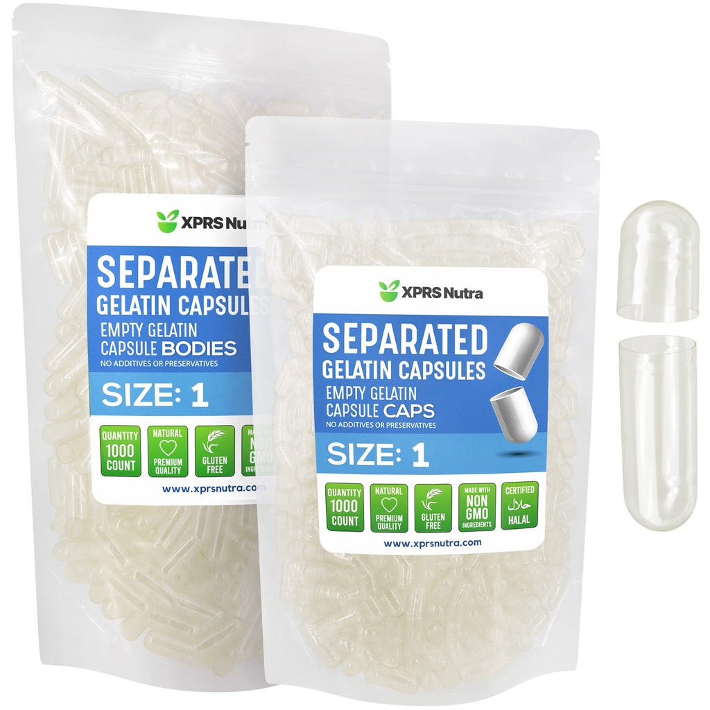 XPRS Nutra Size 1 Gelatin בנפרד קפסולות - 1000 הרוזן גלולות ריקות בנפרד ב Bags - Clear סוללות ריקות עבור DIY Do-It-Your עצמו תוספת מילוי