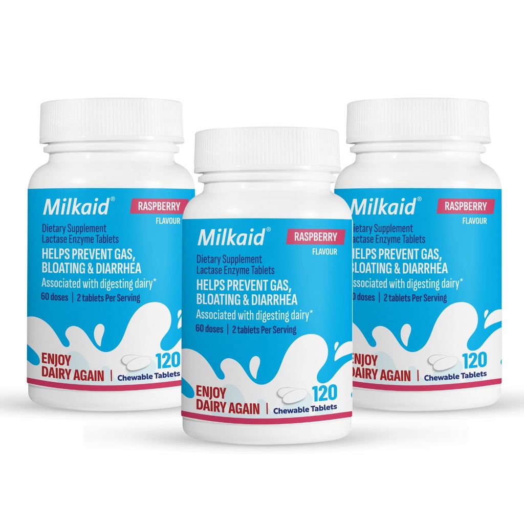 Milkaid Lactase Enzyme Chewable Tablets עבור Lactose Intolerance הקלה | מונע גז, Bloating & Diarrhea | Fast Acting Milk Digestive תוסף (360 טבליות, Raspberry)