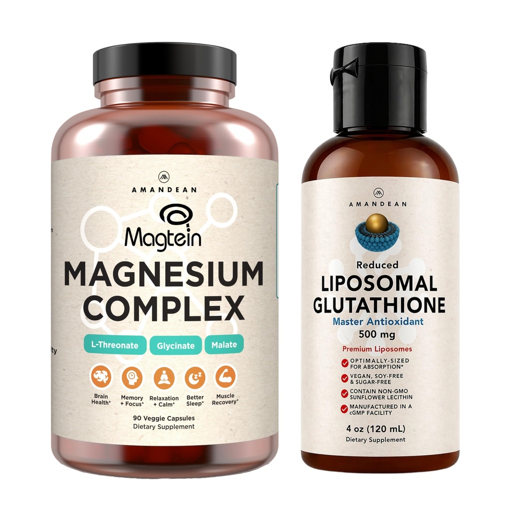 AMANDEAN Premium Liposomal Glutathione & Magnesium Complex Bundle. Antioxidant. Liquid Setria. High-Absorption Magnesium Threonate, Glycinate & Malate. Brain & Liver Health. Memory, Focus & Sleep