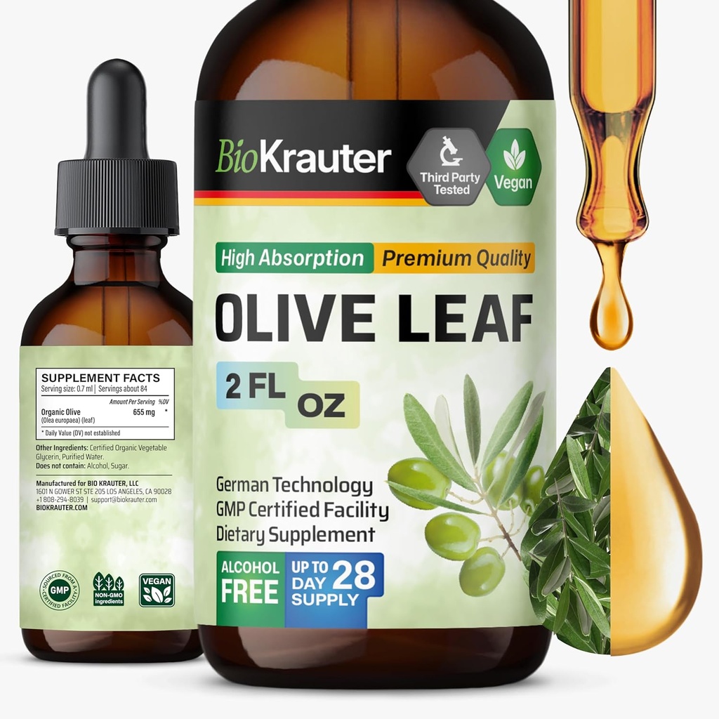 BIO KRAUTER זית חלץ נוזל - אוליב Leaf Tincture for Immune Support - אלכוהול וסוכר חינם - טיפות טבעוניות 2 Fl.Oz.