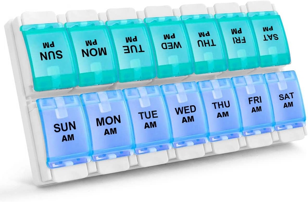 Sukuos AM PM שבועי 7 יום גלולות מארגנת, 2 פעמים A Day Pill Box with Arthritis Friendly Push Button, Medicine Cases forוויטמין/Fish Oil/Supplements, Easy to נקיים (Cyan & Blue)